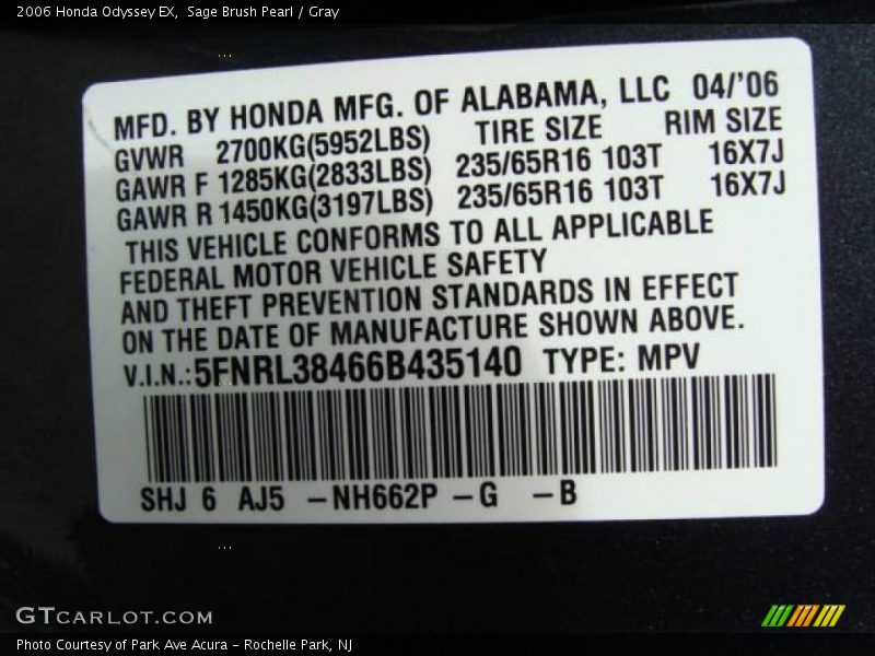 Sage Brush Pearl / Gray 2006 Honda Odyssey EX