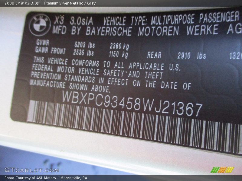 Titanium Silver Metallic / Grey 2008 BMW X3 3.0si