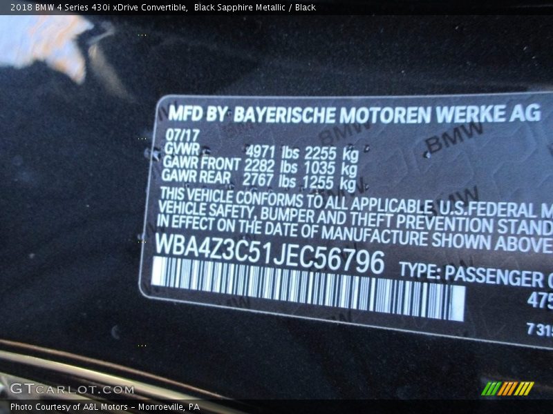 Black Sapphire Metallic / Black 2018 BMW 4 Series 430i xDrive Convertible