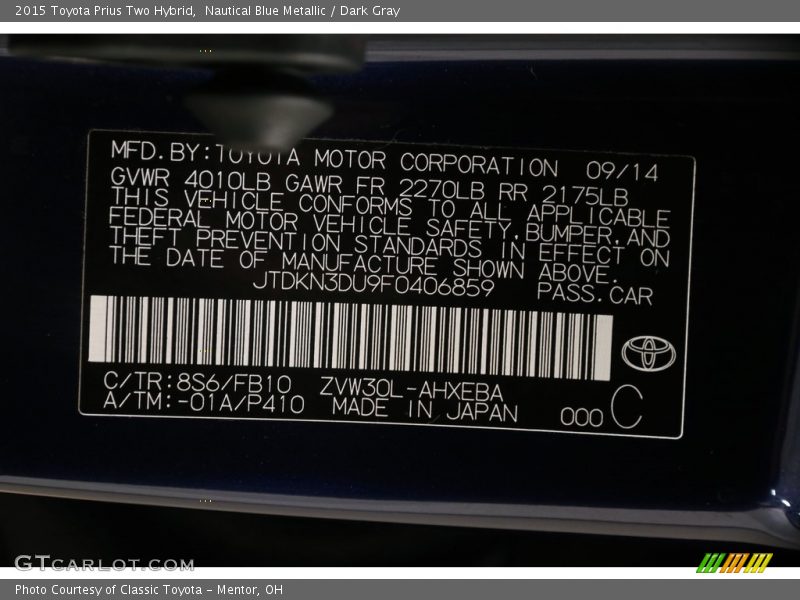 Nautical Blue Metallic / Dark Gray 2015 Toyota Prius Two Hybrid