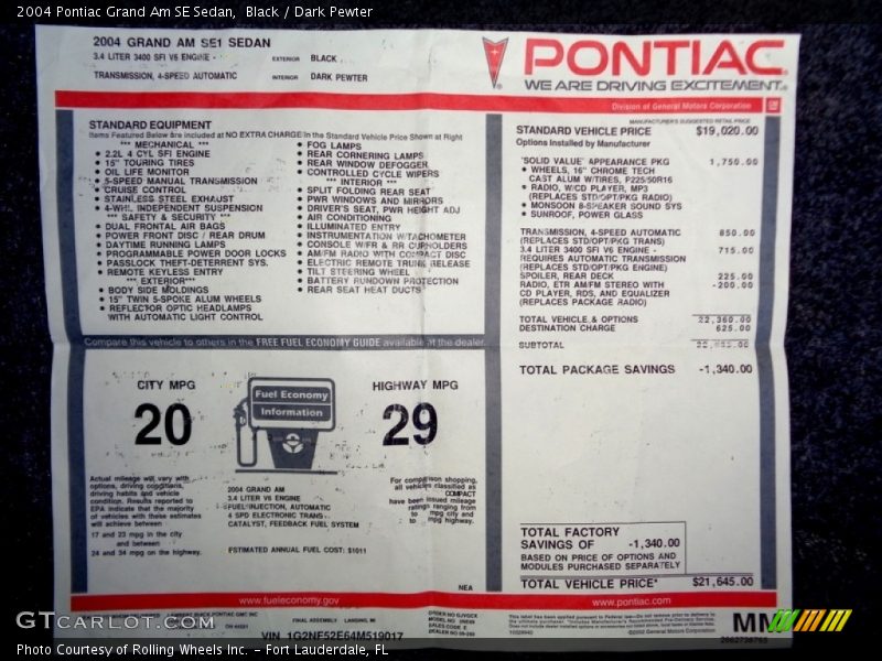 Black / Dark Pewter 2004 Pontiac Grand Am SE Sedan