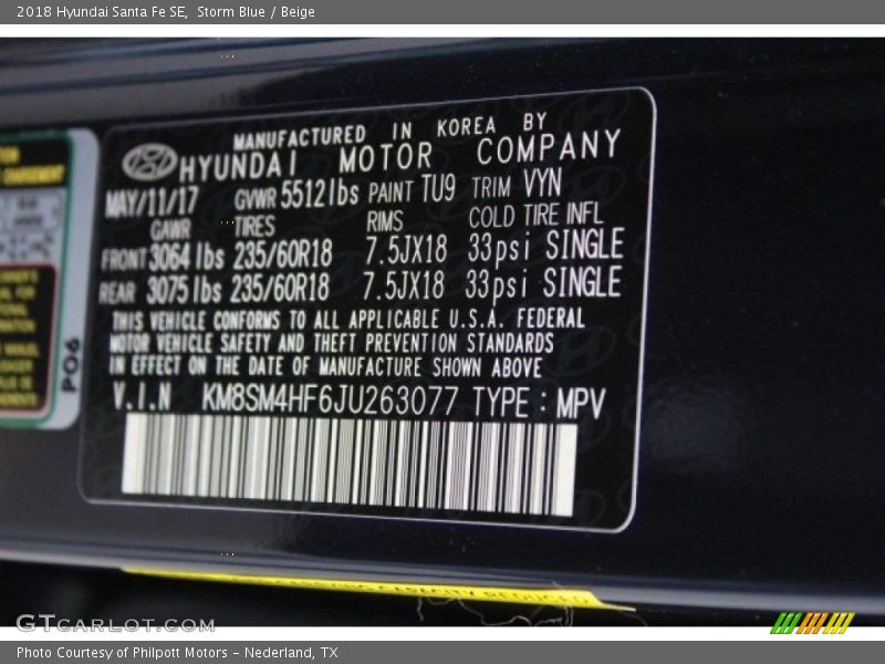 Storm Blue / Beige 2018 Hyundai Santa Fe SE