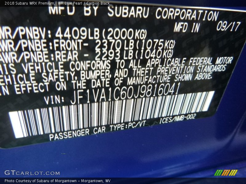WR Blue Pearl / Carbon Black 2018 Subaru WRX Premium