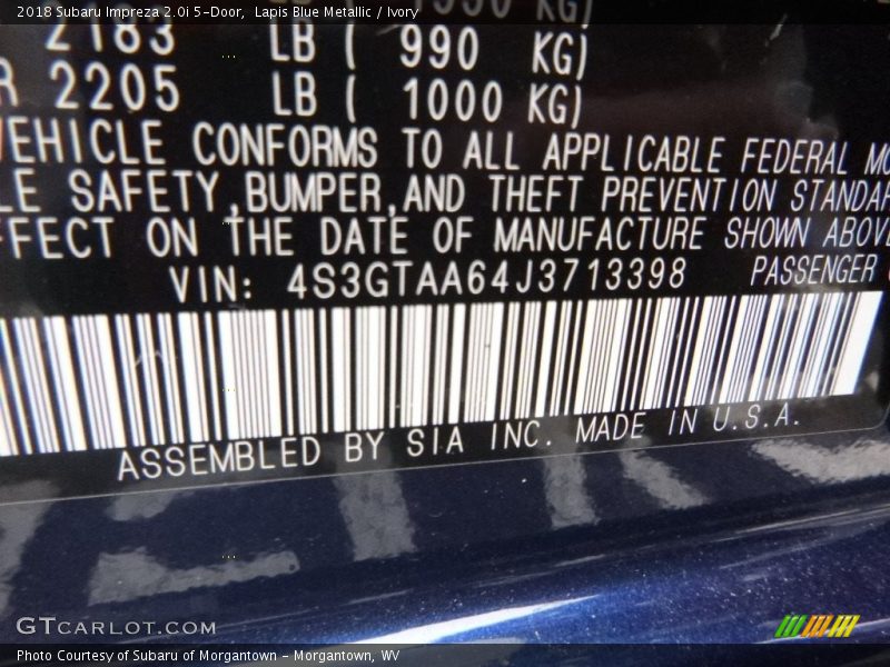 Lapis Blue Metallic / Ivory 2018 Subaru Impreza 2.0i 5-Door
