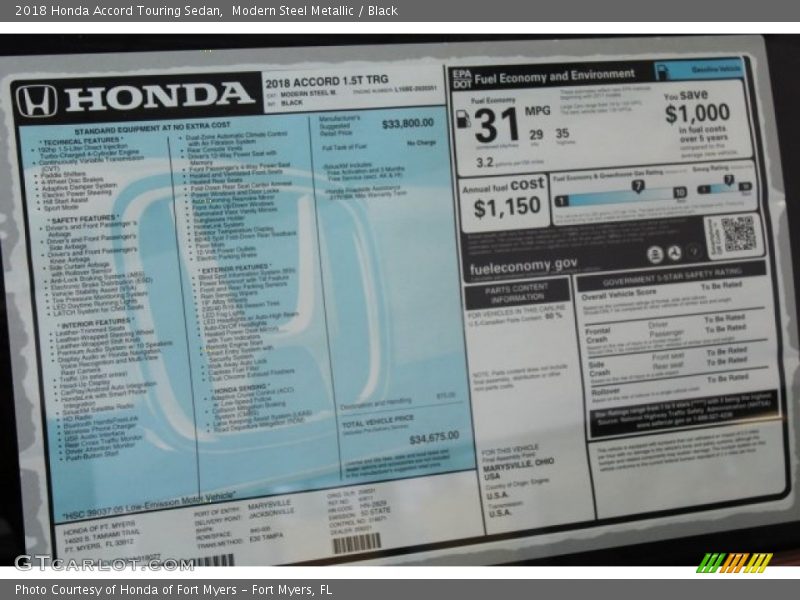 Modern Steel Metallic / Black 2018 Honda Accord Touring Sedan