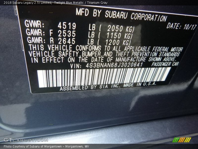 Twilight Blue Metallic / Titanium Gray 2018 Subaru Legacy 2.5i Limited