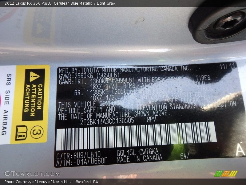 Cerulean Blue Metallic / Light Gray 2012 Lexus RX 350 AWD