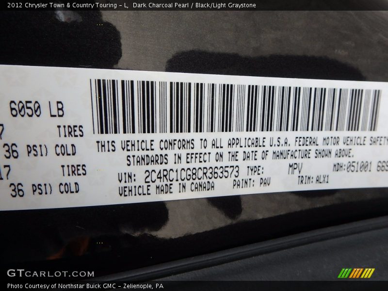 Dark Charcoal Pearl / Black/Light Graystone 2012 Chrysler Town & Country Touring - L