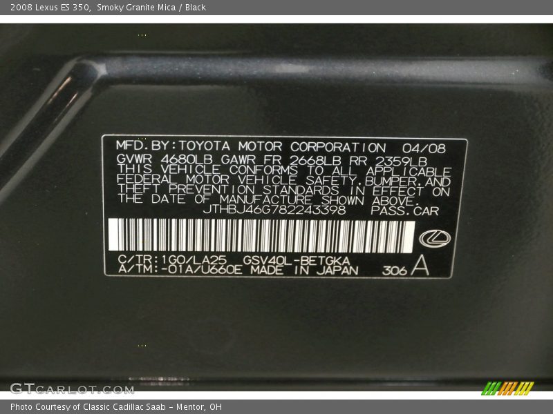 Smoky Granite Mica / Black 2008 Lexus ES 350