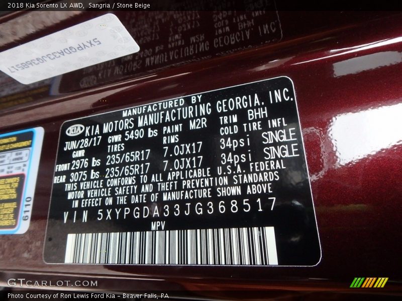 2018 Sorento LX AWD Sangria Color Code M2R