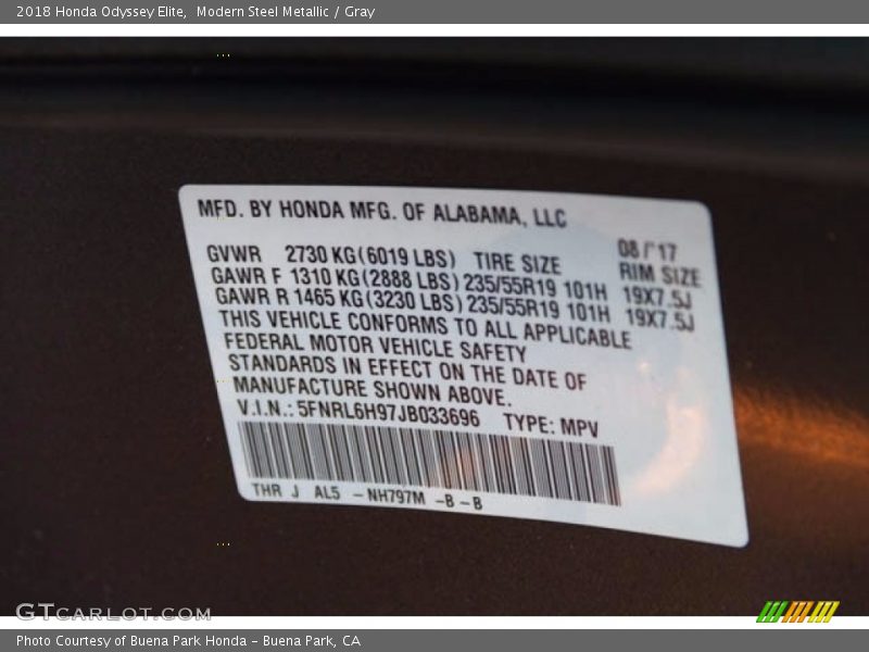 Modern Steel Metallic / Gray 2018 Honda Odyssey Elite