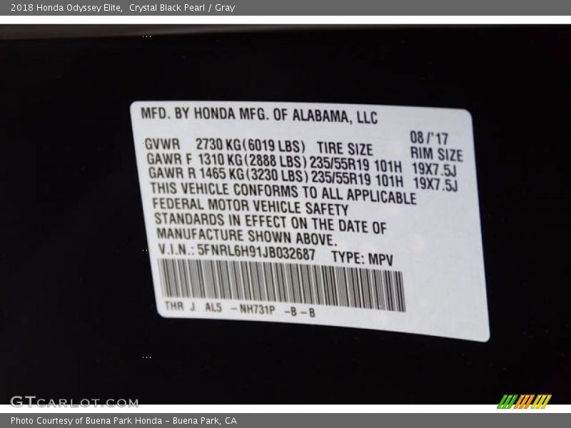 Crystal Black Pearl / Gray 2018 Honda Odyssey Elite