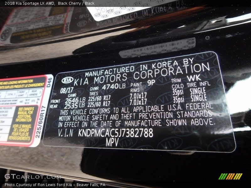2018 Sportage LX AWD Black Cherry Color Code 9P