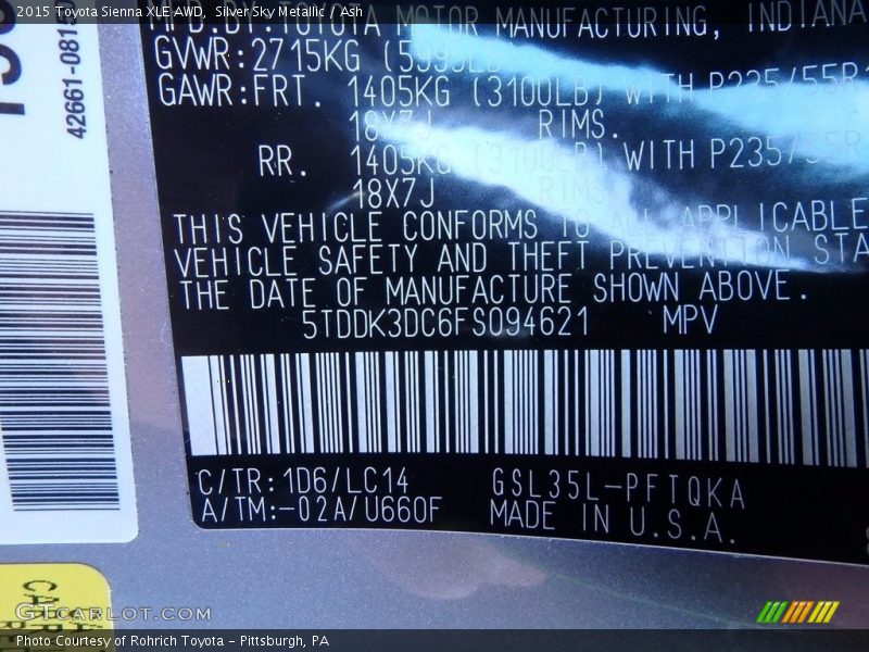 Silver Sky Metallic / Ash 2015 Toyota Sienna XLE AWD