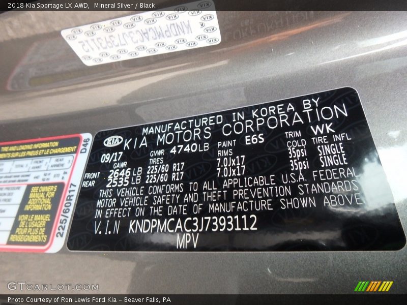 2018 Sportage LX AWD Mineral Silver Color Code E6S