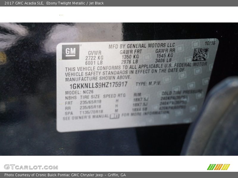 Ebony Twilight Metallic / Jet Black 2017 GMC Acadia SLE
