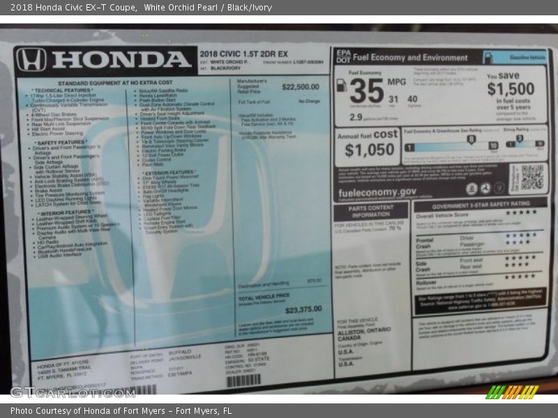 White Orchid Pearl / Black/Ivory 2018 Honda Civic EX-T Coupe