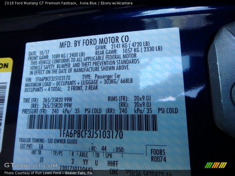 2018 Mustang GT Premium Fastback Kona Blue Color Code L6