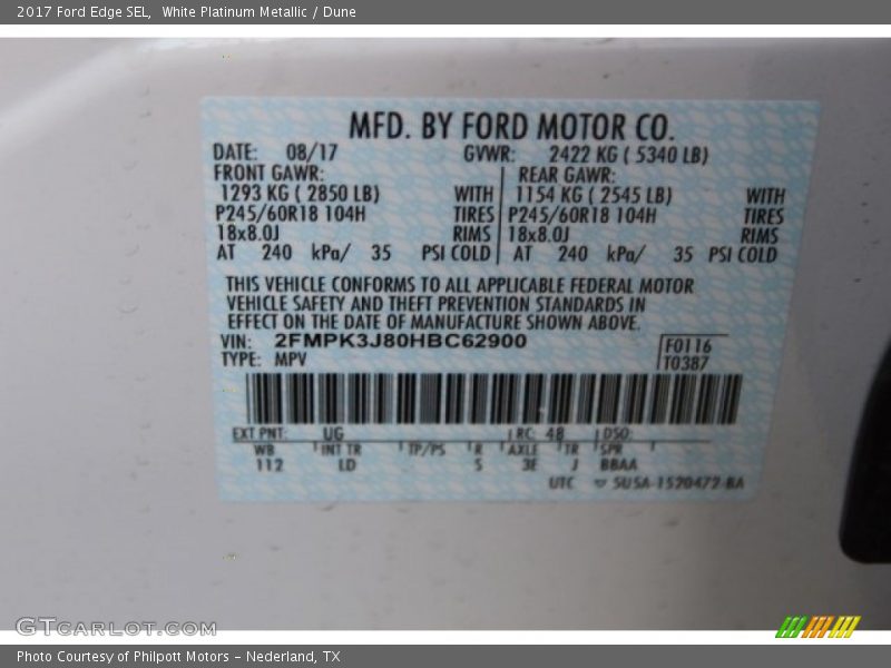White Platinum Metallic / Dune 2017 Ford Edge SEL