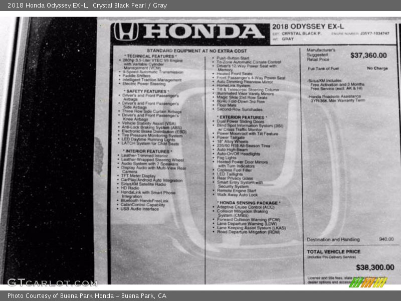 Crystal Black Pearl / Gray 2018 Honda Odyssey EX-L