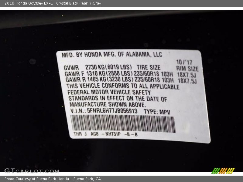 Crystal Black Pearl / Gray 2018 Honda Odyssey EX-L