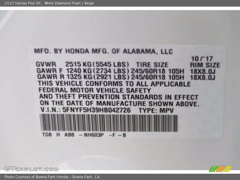 White Diamond Pearl / Beige 2017 Honda Pilot EX