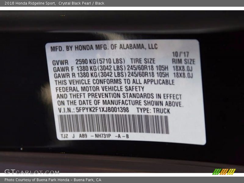 Crystal Black Pearl / Black 2018 Honda Ridgeline Sport