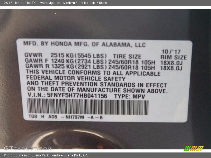 Modern Steel Metallic / Black 2017 Honda Pilot EX-L w/Navigation
