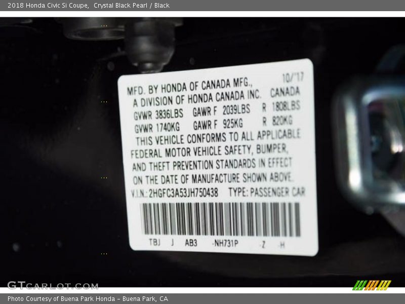 Crystal Black Pearl / Black 2018 Honda Civic Si Coupe