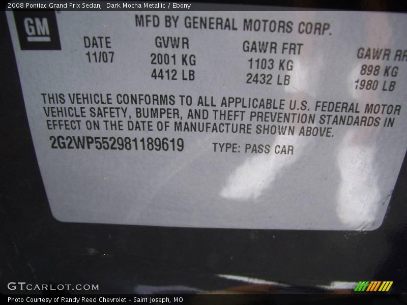 Dark Mocha Metallic / Ebony 2008 Pontiac Grand Prix Sedan