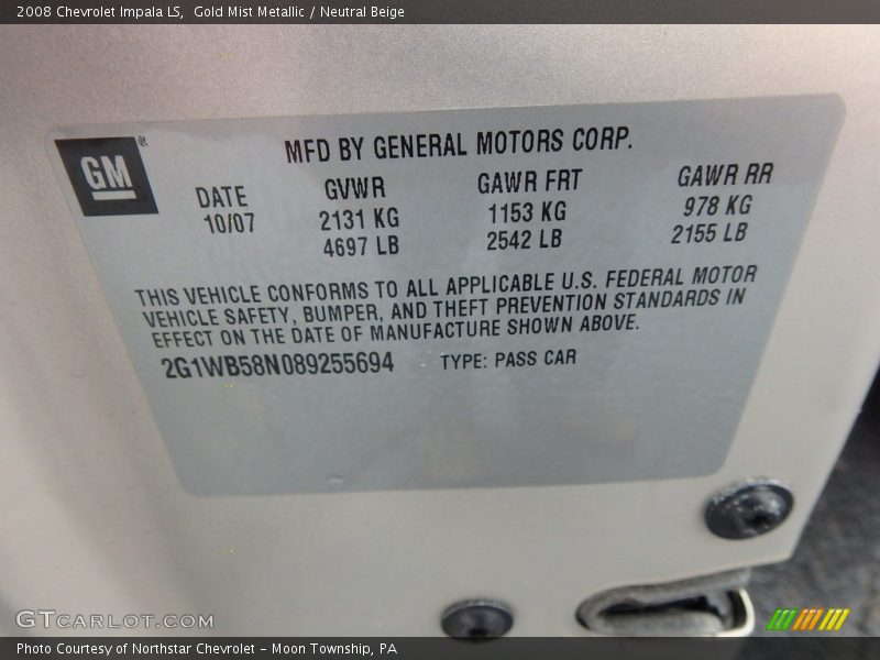 Gold Mist Metallic / Neutral Beige 2008 Chevrolet Impala LS