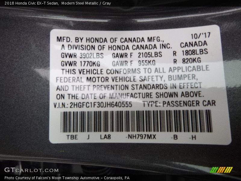 2018 Civic EX-T Sedan Modern Steel Metallic Color Code NH797MX