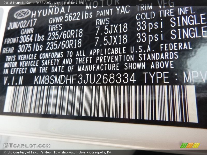 Monaco White / Beige 2018 Hyundai Santa Fe SE AWD