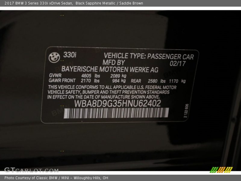 Black Sapphire Metallic / Saddle Brown 2017 BMW 3 Series 330i xDrive Sedan