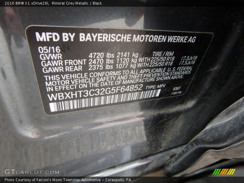 Mineral Grey Metallic / Black 2016 BMW X1 xDrive28i