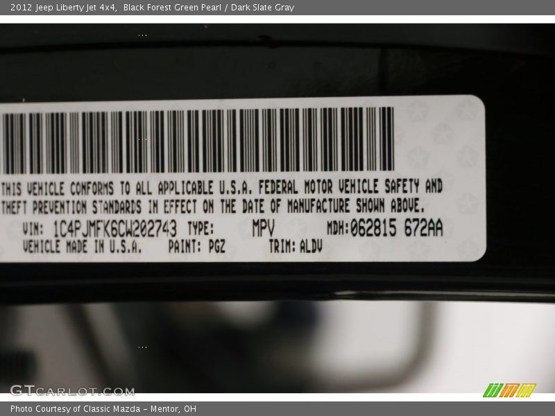 Black Forest Green Pearl / Dark Slate Gray 2012 Jeep Liberty Jet 4x4