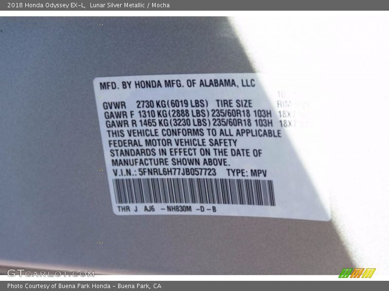 Lunar Silver Metallic / Mocha 2018 Honda Odyssey EX-L