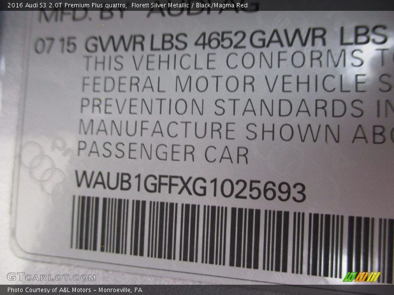 Florett Silver Metallic / Black/Magma Red 2016 Audi S3 2.0T Premium Plus quattro