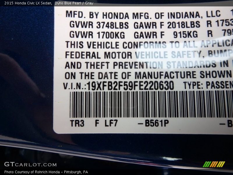 Dyno Blue Pearl / Gray 2015 Honda Civic LX Sedan