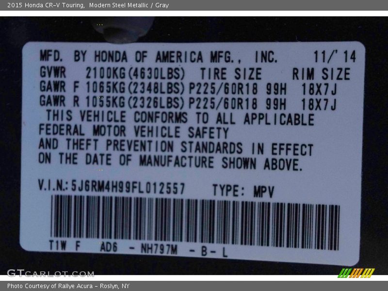 Modern Steel Metallic / Gray 2015 Honda CR-V Touring