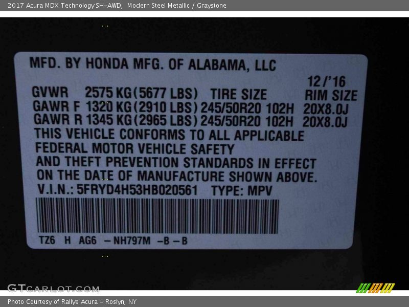 Modern Steel Metallic / Graystone 2017 Acura MDX Technology SH-AWD