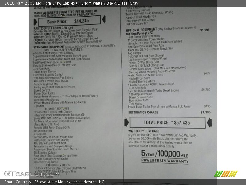 Bright White / Black/Diesel Gray 2018 Ram 2500 Big Horn Crew Cab 4x4