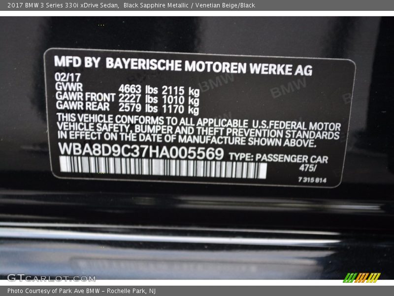 Black Sapphire Metallic / Venetian Beige/Black 2017 BMW 3 Series 330i xDrive Sedan