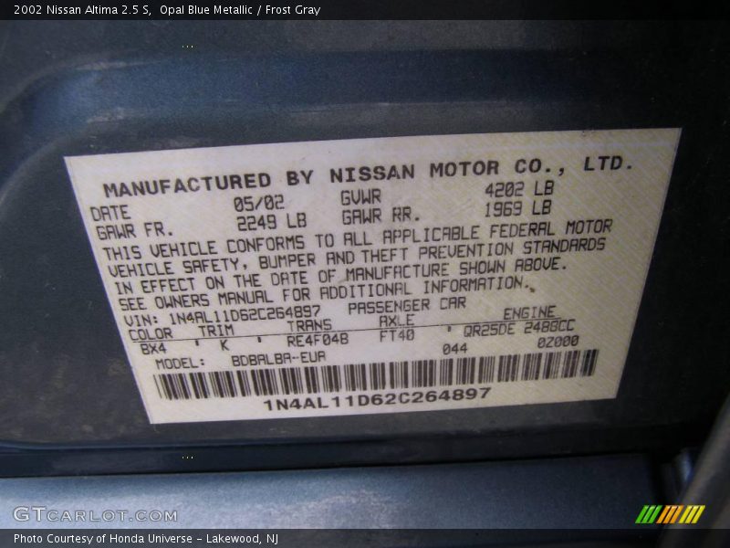 Opal Blue Metallic / Frost Gray 2002 Nissan Altima 2.5 S