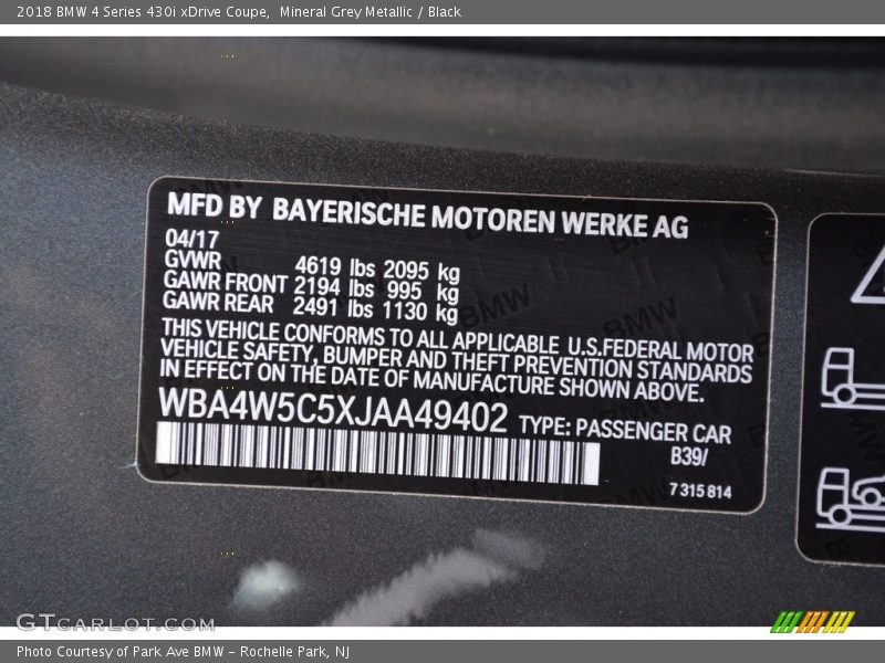 Mineral Grey Metallic / Black 2018 BMW 4 Series 430i xDrive Coupe