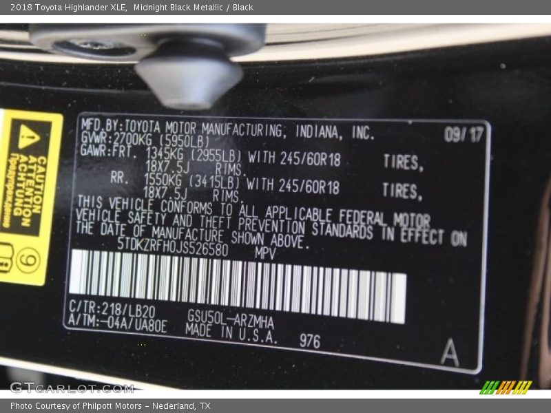 Midnight Black Metallic / Black 2018 Toyota Highlander XLE
