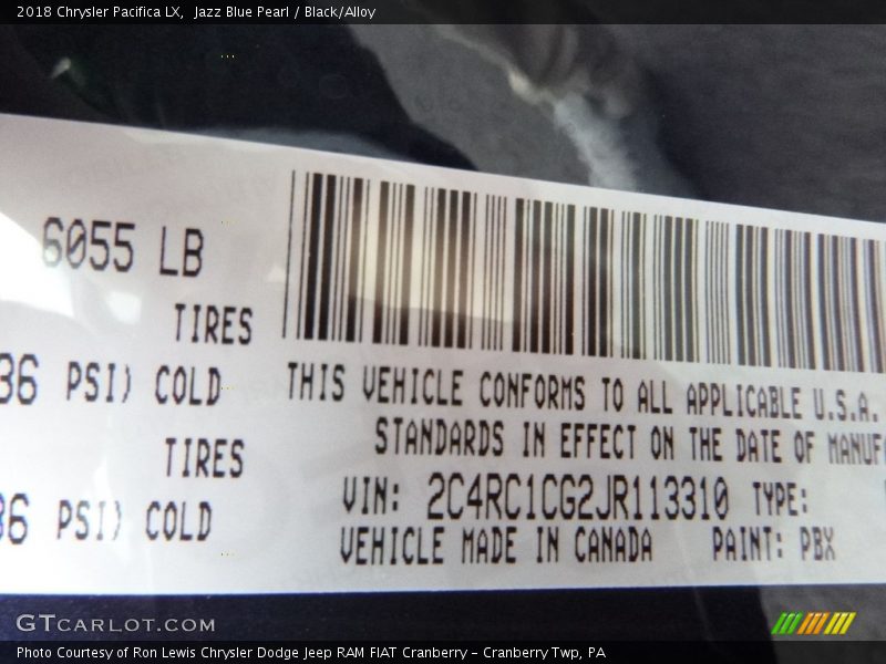 Jazz Blue Pearl / Black/Alloy 2018 Chrysler Pacifica LX