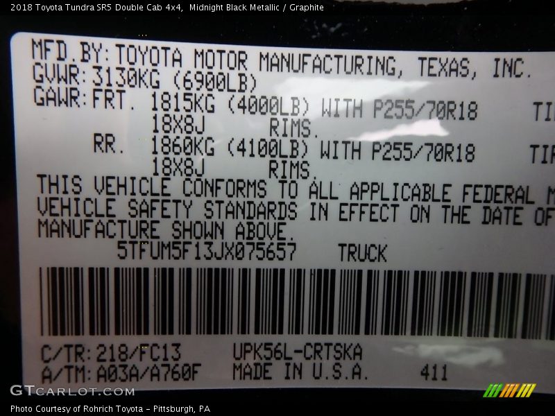 2018 Tundra SR5 Double Cab 4x4 Midnight Black Metallic Color Code 218