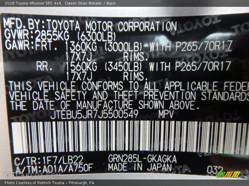 Classic Silver Metallic / Black 2018 Toyota 4Runner SR5 4x4