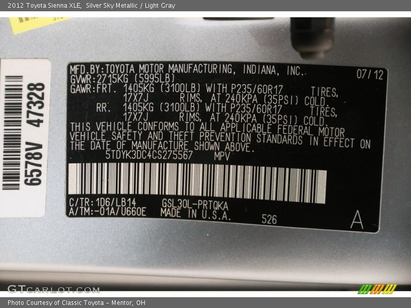 Silver Sky Metallic / Light Gray 2012 Toyota Sienna XLE